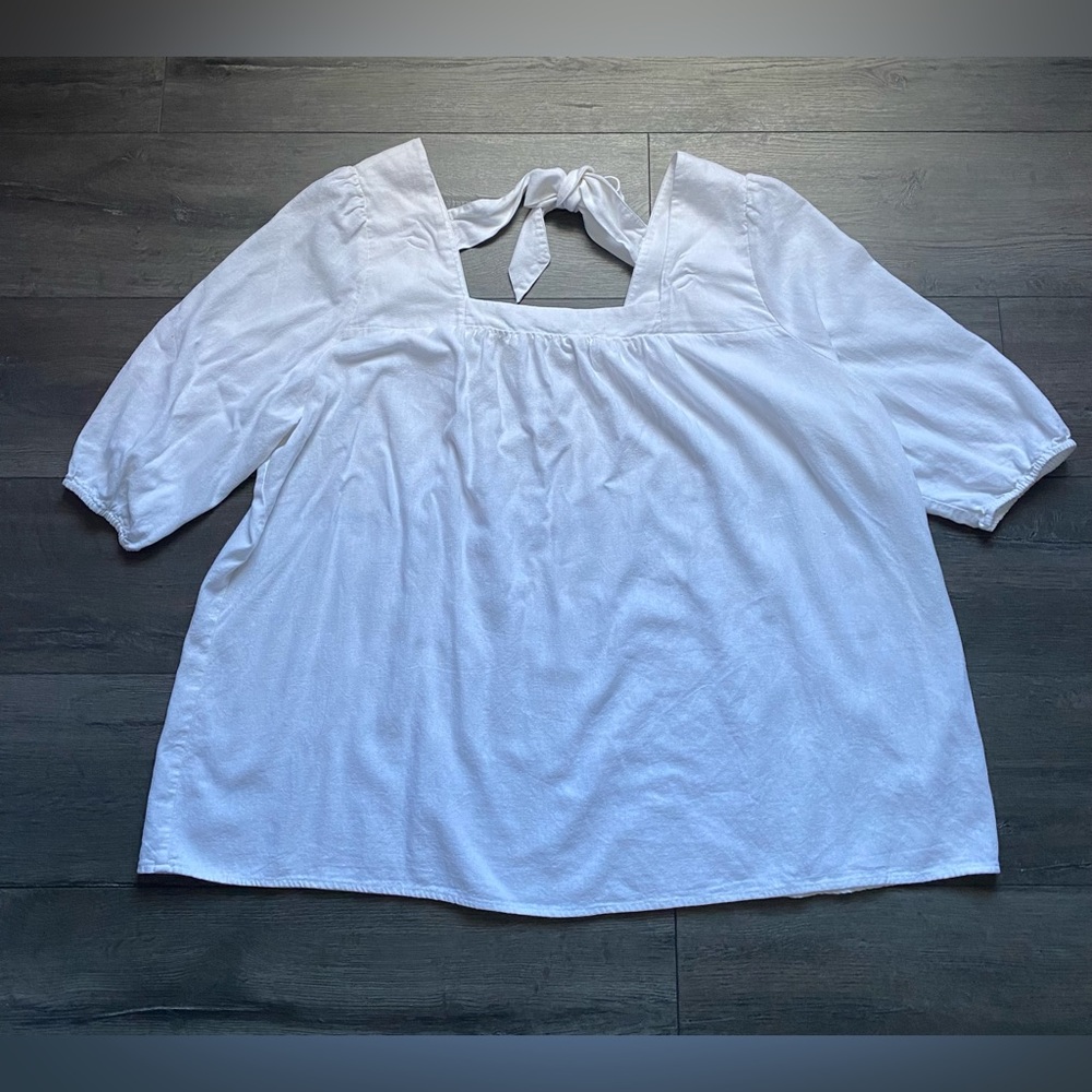 Ulla Popken Women's Linen Blend Tie Back Blouse White 3/4 Sleeve Top 24/26